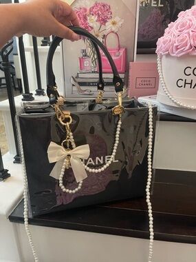 Chanel Black Medium PVC Tote with Bow and Pearl Chain